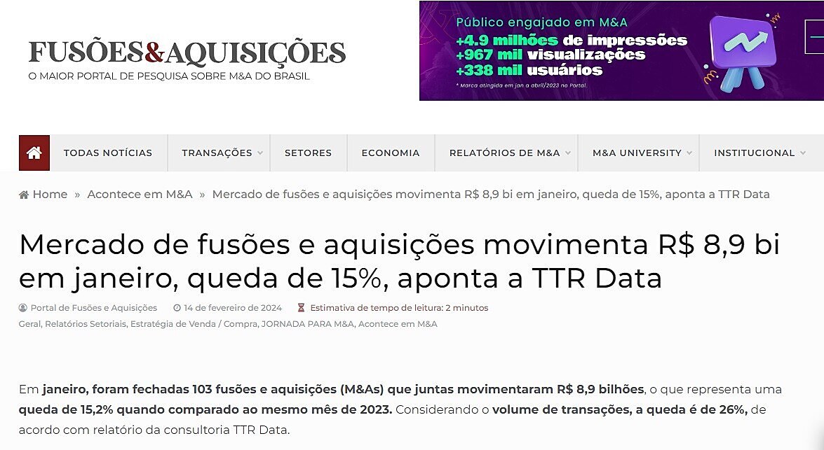 Mercado de fuses e aquisies movimenta R$ 8,9 bi em janeiro, queda de 15%, aponta a TTR Data
